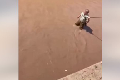 Cane rimane intrappolato tra le correnti in acqua, agente si cala nel fiume e lo salva
